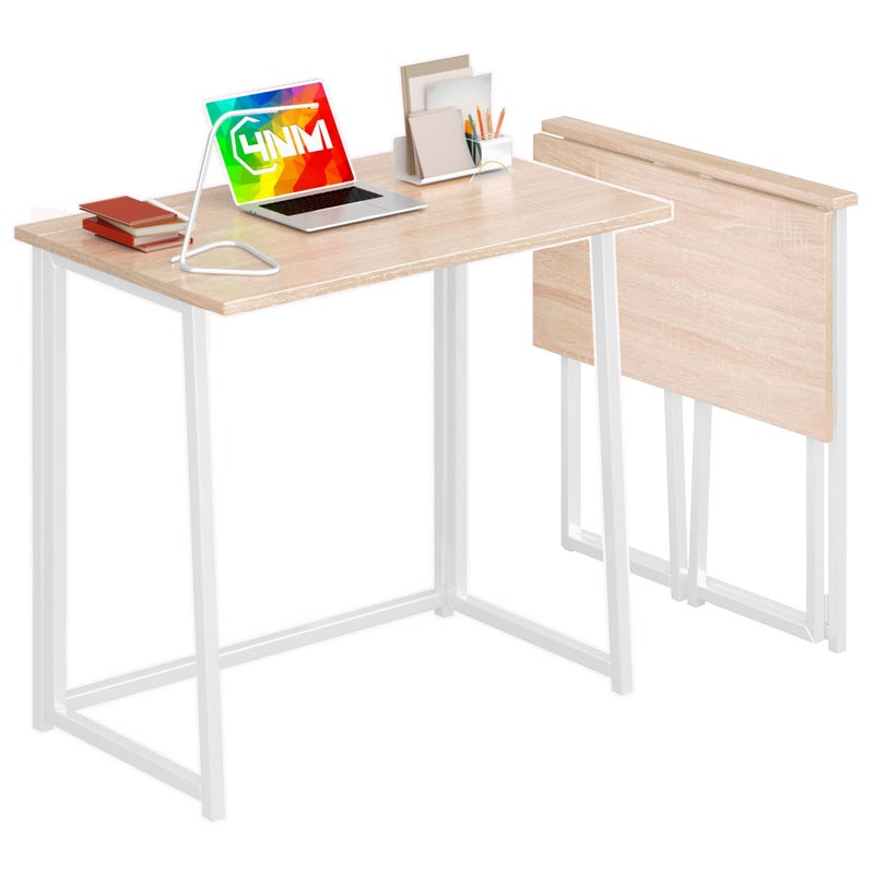 4NM 31.5" Small Folding Desk, Foldable Computer Home Office Desk, Study Writing Table for Small Space Saving Bedroom, Easy Assembly - Natural and White - Image 1